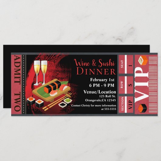 Wein & Sushi Abendessen VIP Event Party TIcket Einladung (Vorne/Hinten)