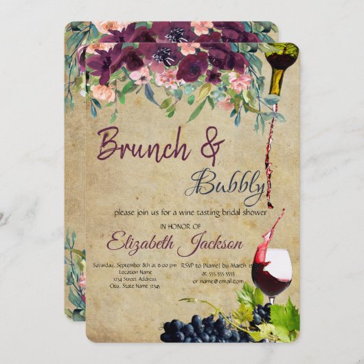 Wein, Trauben, Blume Brunch & Bubbly Einladung (Vorne/Hinten)