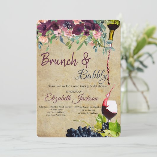 Wein, Trauben, Blume Brunch & Bubbly Einladung (Stehend Vorderseite)