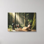 Wein- und Brotlaib auf einem Waldtisch Leinwanddruck (Vorderseite)