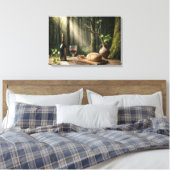 Wein- und Brotlaib auf einem Waldtisch Leinwanddruck (Insitu (Schlafzimmer))