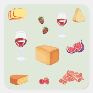 Wein- und Käse-Muster Quadratischer Aufkleber