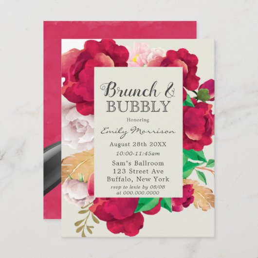 Wein und Rosa Peony Brunch & Bubbly Einladung (Vorne/Hinten)