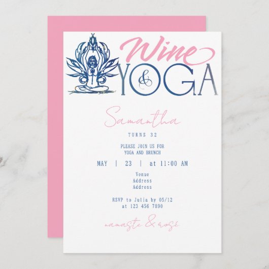 Wein & Yoga Namaste & Rose Minimaler Brunch Geburt Einladung (Vorne/Hinten)