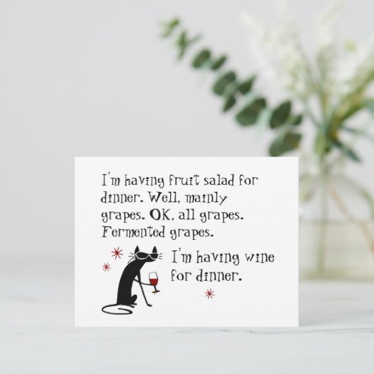 Wein zum Abendessen Funny Weinangebot mit Cat Postkarte (Stehend Vorderseite)