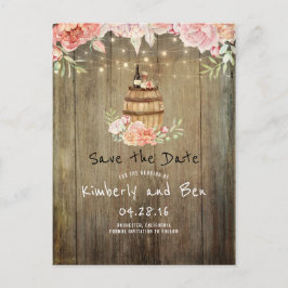 Weinbarrel und rosa Blume Rustikal Save the Date Ankündigungspostkarte