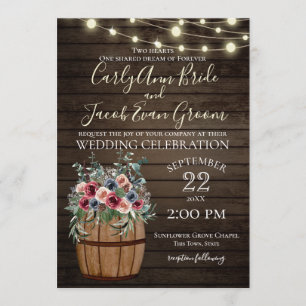 Weinbarrel und Rose Rustikales Burgund und Blau Einladung