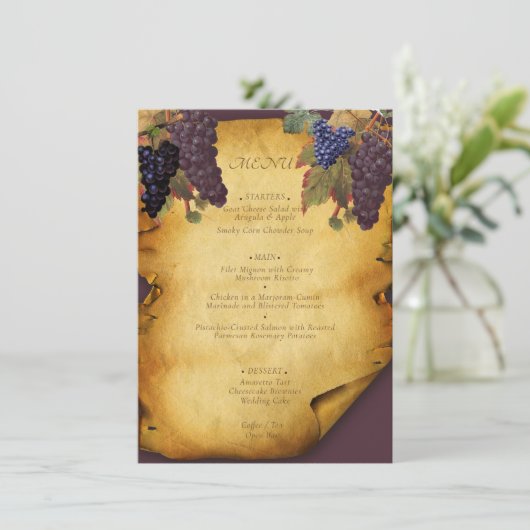 Weinberg Hochzeit Altes Papier Menükarte (Stehend Vorderseite)