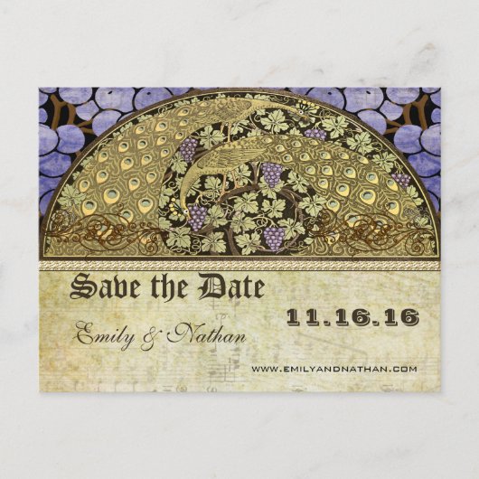 Weinberg Jugendstil Pfauenvögel Save the Date Ankündigungspostkarte (Vorderseite)