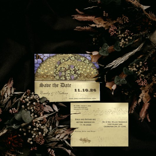 Weinberg Jugendstil Pfauenvögel Save the Date Ankündigungspostkarte