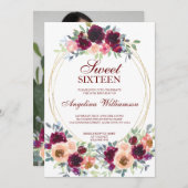 WEINBLUSH WATERCOLOR FLORAL GOLD FOTO SWEET 16 EINLADUNG (Vorne/Hinten)