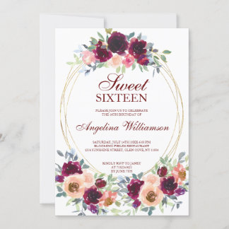 WEINBLUSH WATERCOLOR FLORAL GOLD FOTO SWEET 16 EINLADUNG
