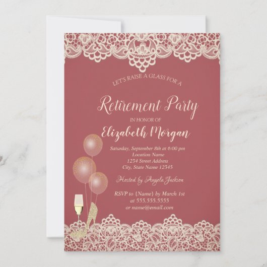 Weine Glas Balloons Lace Red Rtirement Einladung (Vorderseite)