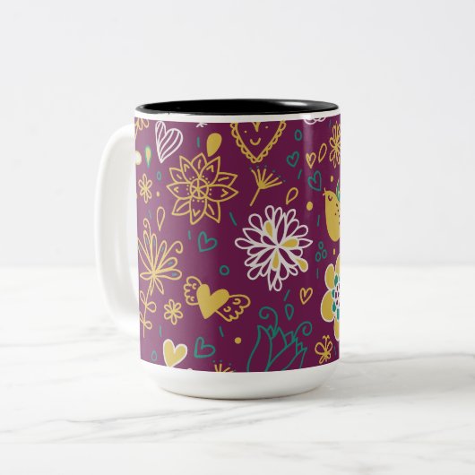 Weine Whimsikale Vögel und Blume Zweifarbige Tasse (Vorderseite Links)