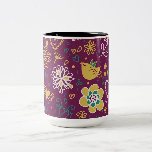 Weine Whimsikale Vögel und Blume Zweifarbige Tasse (Mittel)