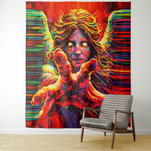 Weinender Engel Neon Multicolor Impasto Ölgemälde Wandteppich (Beispiel)