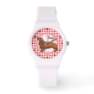 Weiner Dog; Rot und Weiß Gingham Armbanduhr
