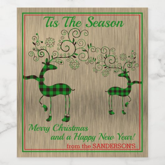 Weinetikett "Grüne Karierte Rentiere" (Einzelnes Label)