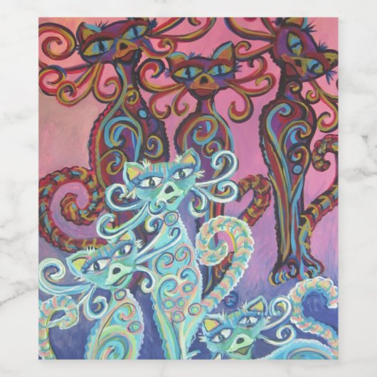 Weinetikett mit sechs Katzen (Einzelnes Label)