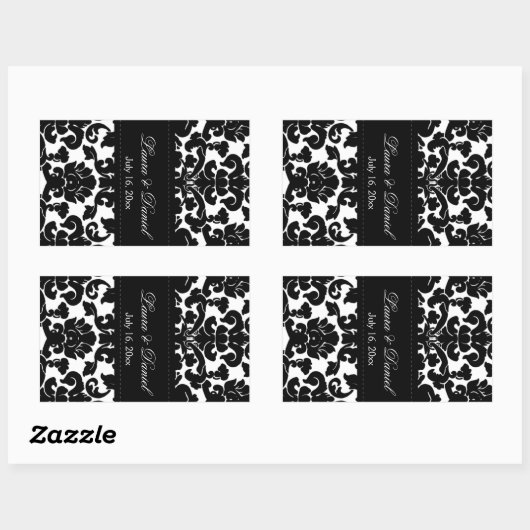 Weinetikett Schwarz-Weiß-Damast Rechteckiger Aufkleber (Blatt)