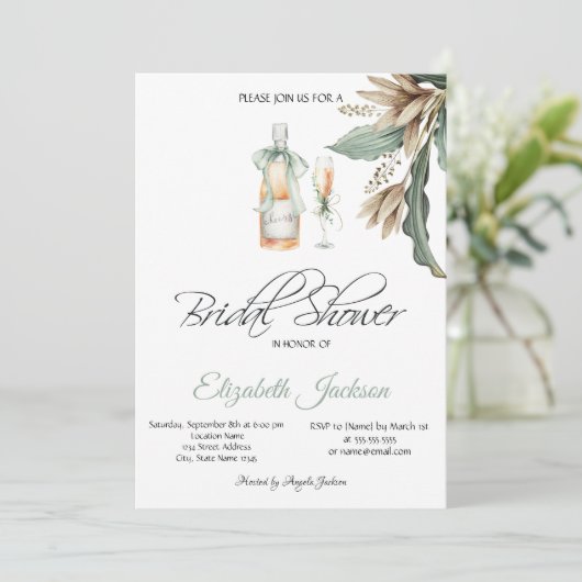 Weinflasche Glas Vintage Blume Brautparty Einladung (Stehend Vorderseite)