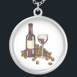 Weinflasche, Trauben, Glasfaserkette Versilberte Kette<br><div class="desc">Eine originelle Marker-Illustration eines Glases Rotkäppchen,  umgeben von einer Flasche und Trauben. Ideal für Ihren Lieblings-Feinschmecker oder Weinliebhaber!</div>