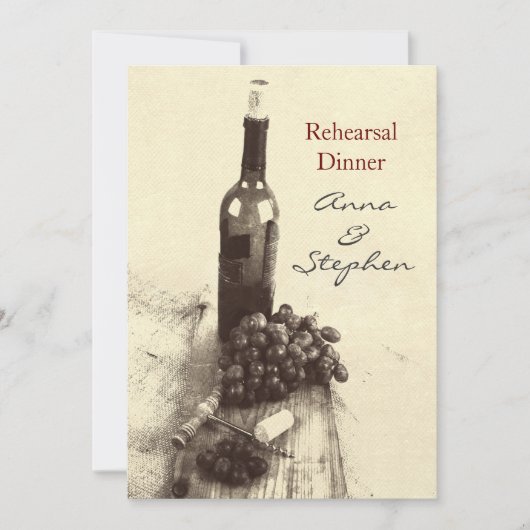 Weinflasche, Trauben, Korkenzieher und Korken Einladung (Vorderseite)