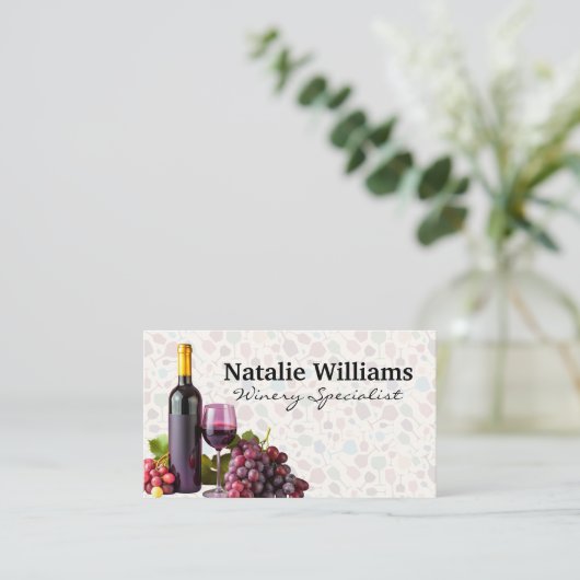 Weinflasche und Glas und Trauben Visitenkarte (Stehend Vorderseite)