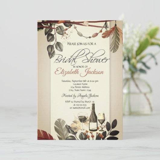 Weinflaschen Glas, Boho Blume Brautparty Einladung (Stehend Vorderseite)