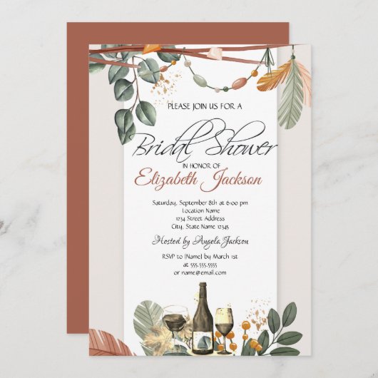 Weinflaschen Glas, Brautparty Boho Einladung (Vorne/Hinten)