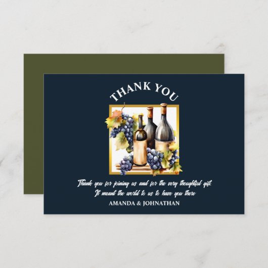 Weinflaschen mit Aquarell Trauben blaues goldgrüne Dankeskarte (Vorne/Hinten)