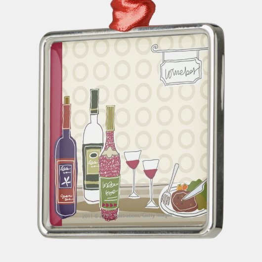 Weinflaschen mit Weingläsern auf Tabelle Silbernes Ornament (Links)