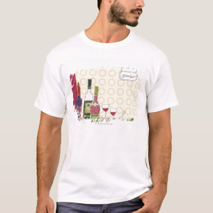 Weinflaschen mit Weingläsern auf Tabelle T-Shirt