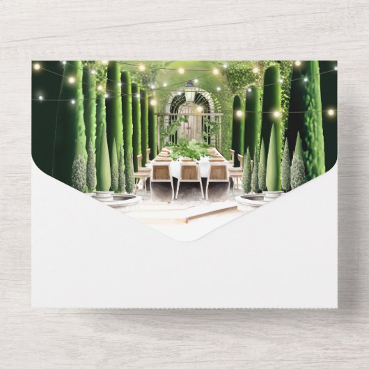 Weingarten al fresco Saitenleuchten feines Essgesc All In One Einladung (Rückseite)