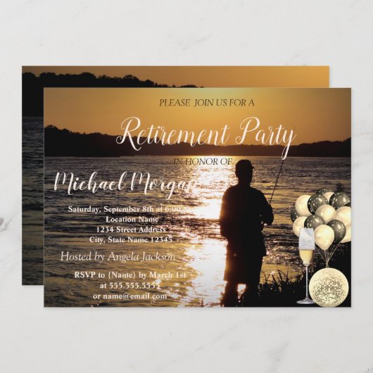 Weinglas, Ballons, Fischen, Sonnenuntergang, Party Einladung (Vorne/Hinten)