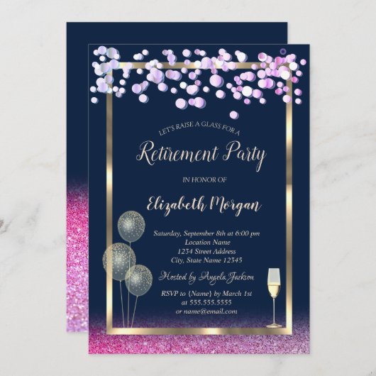 Weinglas Balloons Violet Glitzer Blaue Pension Einladung (Vorne/Hinten)