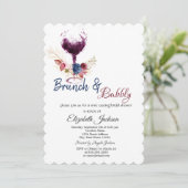 Weinglas,Blume Brunch & Bubbly Brautparty Einladung (Stehend Vorderseite)