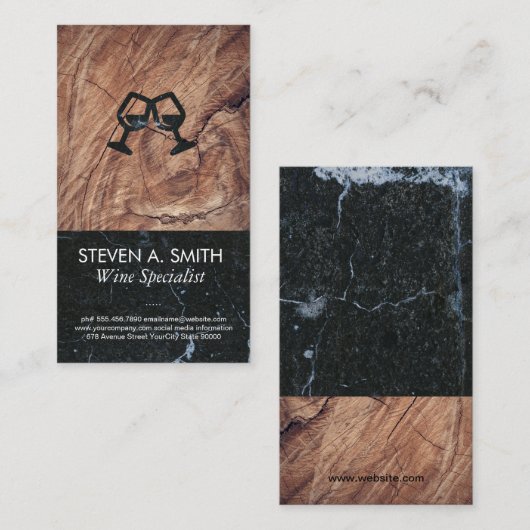 Weinglas Cheers | Schwarzer Marmor | Holz Visitenkarte (Vorne/Hinten)