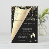 Weinglas, Confetti, Schwarz, Gold Weihnachtsgebäck Einladung (Stehend Vorderseite)