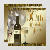 Weinglas Flasche Black Gold 50. Geburtstagsparty Einladung (Vorne/Hinten)