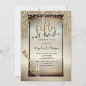 Weinglas, Flasche, Glitzer, Confetti 50. Geburtsta Einladung (Vorderseite)