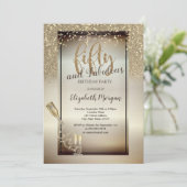 Weinglas, Flasche, Glitzer, Confetti 50. Geburtsta Einladung (Stehend Vorderseite)