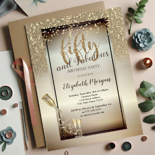 Weinglas, Flasche, Glitzer, Confetti 50. Geburtsta Einladung