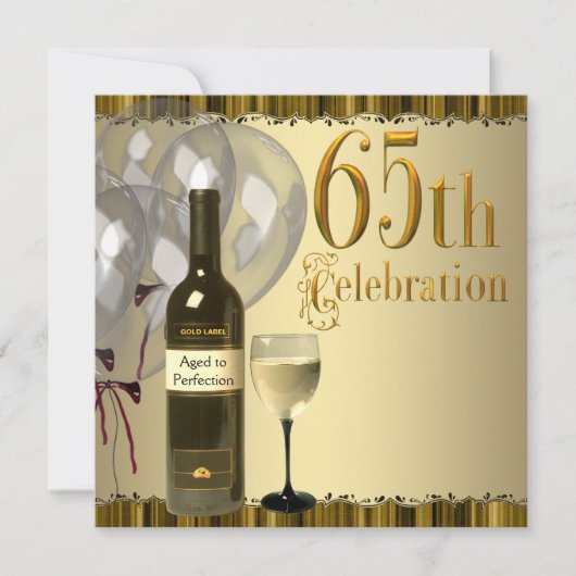 Weinglas Flasche Gold 65. Geburtstagsparty Einladung (Vorderseite)