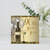 Weinglas Flasche Gold 90. Geburtstagsparty Einladung (Stehend Vorderseite)