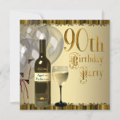 Weinglas Flasche Gold 90. Geburtstagsparty Einladung (Vorderseite)