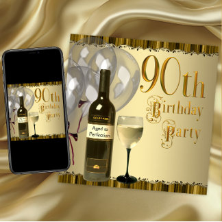 Weinglas Flasche Gold 90. Geburtstagsparty Einladung