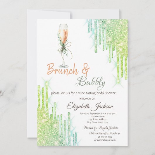 Weinglas Flasche Grüne Tropfen Brunch & Bubbly Einladung (Vorderseite)