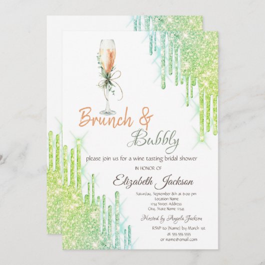 Weinglas Flasche Grüne Tropfen Brunch & Bubbly Einladung (Vorne/Hinten)