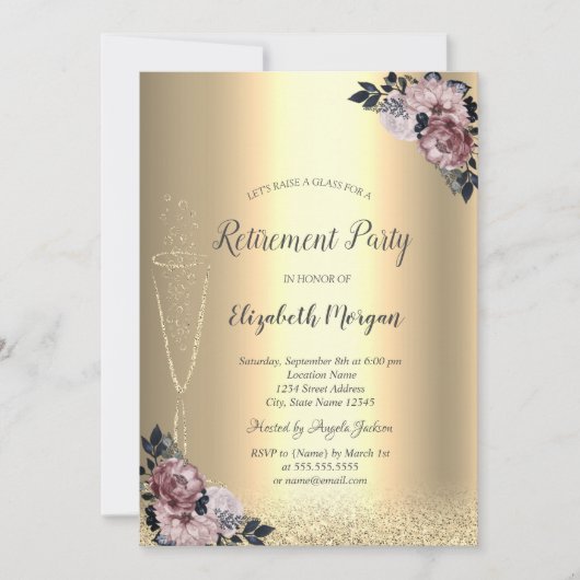 Weinglas Gold Bokeh Blumenruhestand I Einladung (Vorderseite)